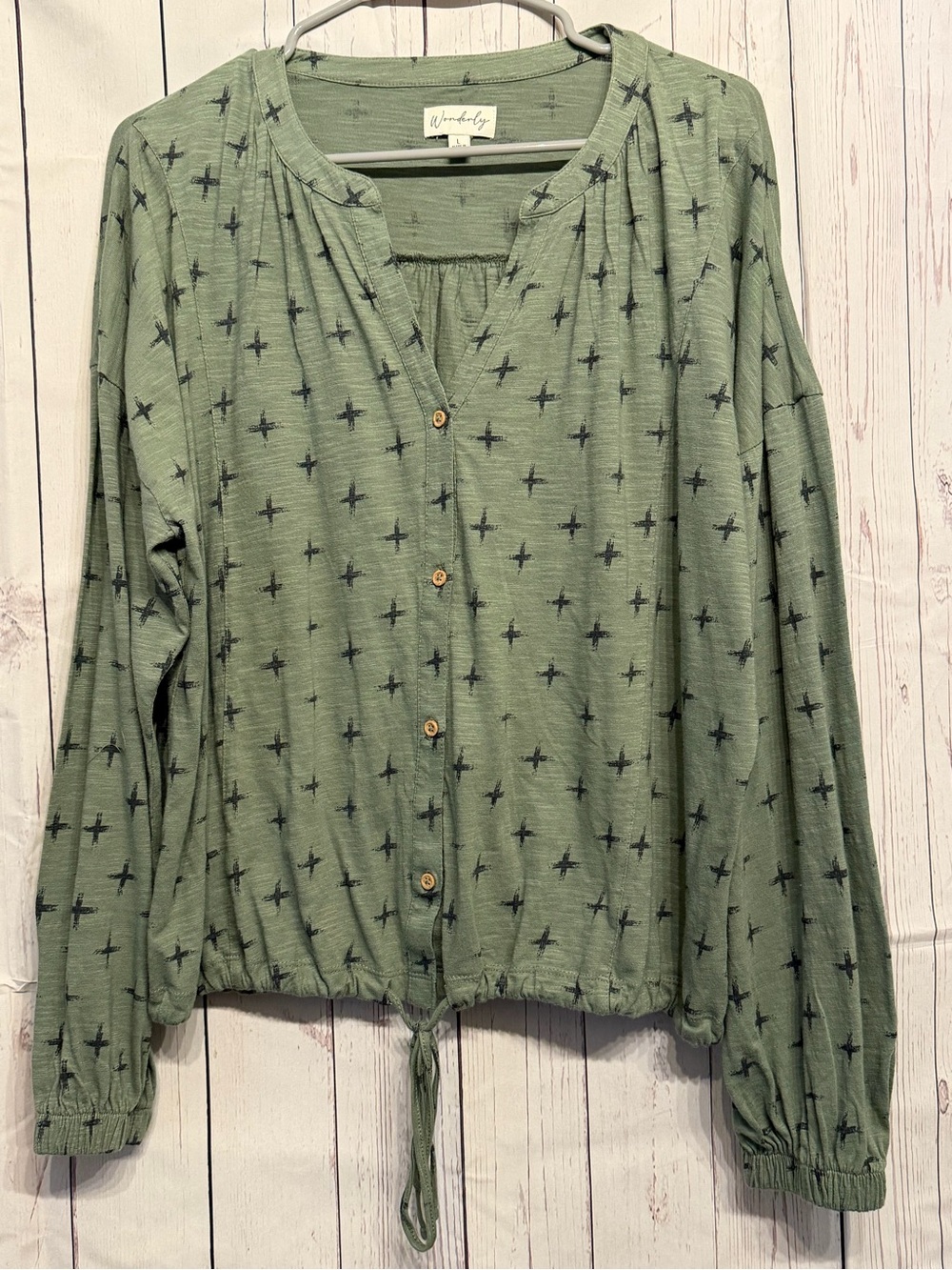 Wonderly Sage Green Button-Front Drawstring Top with Cross Print